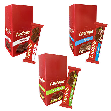 Tadelle Tablet Çikolata 12x30 gr 3 lü Karma / Fındıklı-Sütlü-Antep Fıstıklı