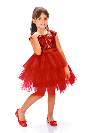 Mnk Kırmızı Kız Çocuk Pullu Tüllü Parti Elbisesi
