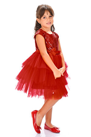 Mnk Kırmızı Kız Çocuk Pullu Tüllü Parti Elbisesi