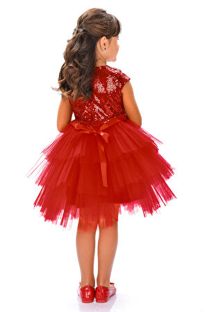 Mnk Kırmızı Kız Çocuk Pullu Tüllü Parti Elbisesi