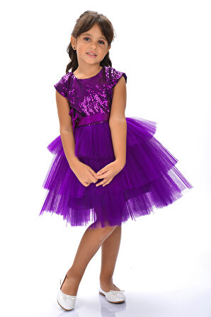 Mnk Mor Kız Çocuk Pullu Tüllü Parti Elbisesi