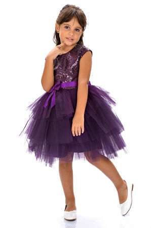 Mnk Mürdüm Kız Çocuk Pullu Tüllü Parti Elbisesi