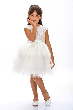 Mnk Beyaz Kız Çocuk Pullu Tüllü Parti Elbisesi