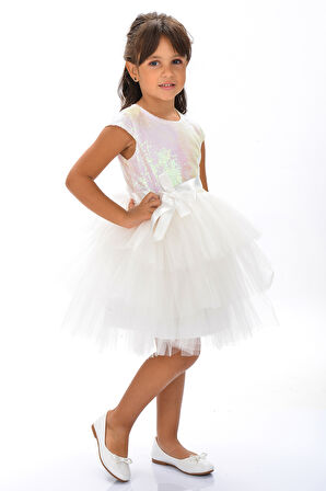 Mnk Beyaz Kız Çocuk Pullu Tüllü Parti Elbisesi