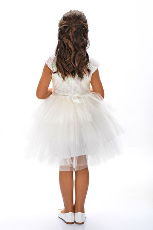 Mnk Beyaz Kız Çocuk Pullu Tüllü Parti Elbisesi