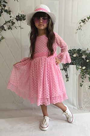 Krem Şapkalı Dantelli Kız Çocuk Elbise