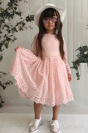Krem Şapkalı Dantelli Kız Çocuk Elbise