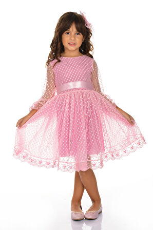 Rengarenk Fransız Dantel Tokalı Kız Çocuk Elbise