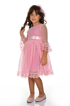 Rengarenk Fransız Dantel Tokalı Kız Çocuk Elbise