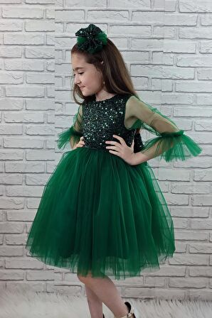 Pul Payet Tüllü Kız Çocuk Elbise