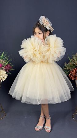 Şifon Robalı Ponpon Kol Pul Payetli Kız Çocuk Kabarık Etek Tütülü Abiye