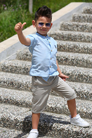 Keten Gömlek Dokuma Pantolon Kemerli Erkek Çocuk Takım  MNK4306