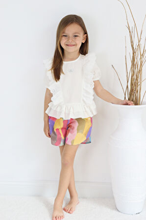 Fistolu Kelebek Motif Şortlu Pamuk Dokuma Kız Çocuk Takım TF7352