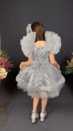 Tavus Kol Payetli Kumaş Kız Çocuk Elbise MNK0537