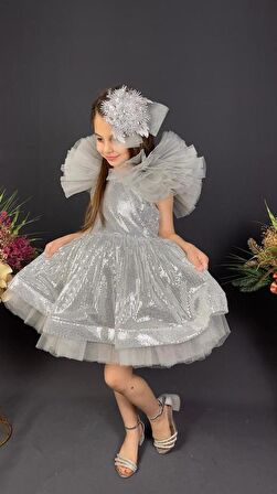 Tavus Kol Payetli Kumaş Kız Çocuk Elbise MNK0537