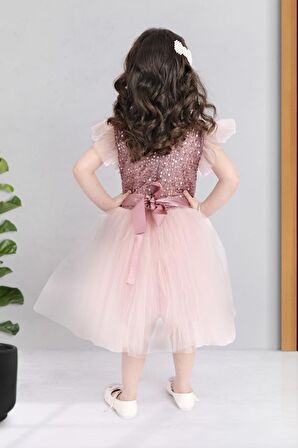 Küpeli Pul Payet Tüllü Kız Çocuk Elbise MNK0526