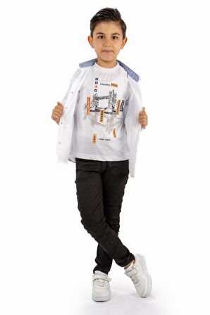 Çift Cepli Gömlek , Pantolon , T-Shirt  3Parça Pamuklu Erkek Çocuk Takım MNK965