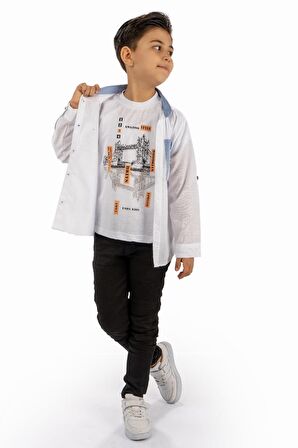 Çift Cepli Gömlek , Pantolon , T-Shirt  3Parça Pamuklu Erkek Çocuk Takım MNK965