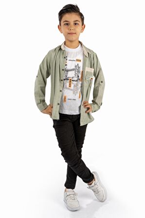 Çift Cepli Gömlek , Pantolon , T-Shirt  3Parça Pamuklu Erkek Çocuk Takım MNK965