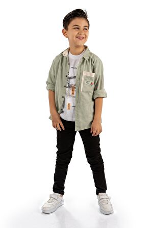 Çift Cepli Gömlek , Pantolon , T-Shirt  3Parça Pamuklu Erkek Çocuk Takım MNK965