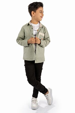 Çift Cepli Gömlek , Pantolon , T-Shirt  3Parça Pamuklu Erkek Çocuk Takım MNK965