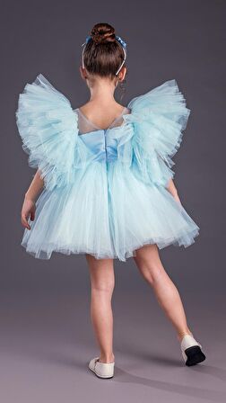 Tütü Etekli Kabarık Kollu Komotini Taçlı Kız Çocuk Abiye Elbise MNK0582