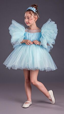 Tütü Etekli Kabarık Kollu Komotini Taçlı Kız Çocuk Abiye Elbise MNK0582