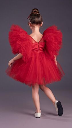 Tütü Etekli Kabarık Kollu Komotini Taçlı Kız Çocuk Abiye Elbise MNK0582