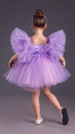 Tütü Etekli Kabarık Kollu Komotini Taçlı Kız Çocuk Abiye Elbise MNK0582