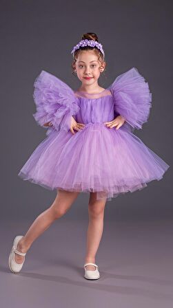 Tütü Etekli Kabarık Kollu Komotini Taçlı Kız Çocuk Abiye Elbise MNK0582