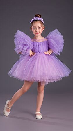 Tütü Etekli Kabarık Kollu Komotini Taçlı Kız Çocuk Abiye Elbise MNK0582