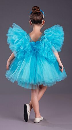 Tütü Etekli Kabarık Kollu Komotini Taçlı Kız Çocuk Abiye Elbise MNK0582