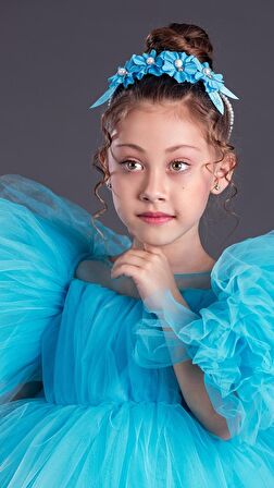 Tütü Etekli Kabarık Kollu Komotini Taçlı Kız Çocuk Abiye Elbise MNK0582