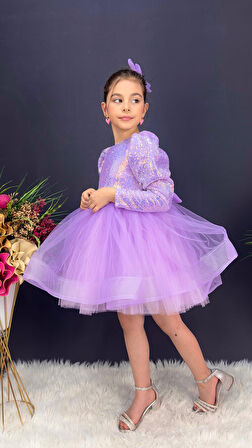 Tütü Gren Etekli Kız Çocuk Pul Payetli Uzun Kol Kikidi Elbise MNK0583