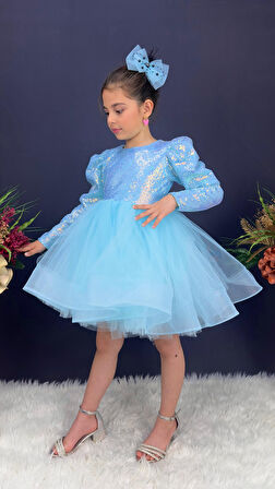 Tütü Gren Etekli Kız Çocuk Pul Payetli Uzun Kol Kikidi Elbise MNK0583