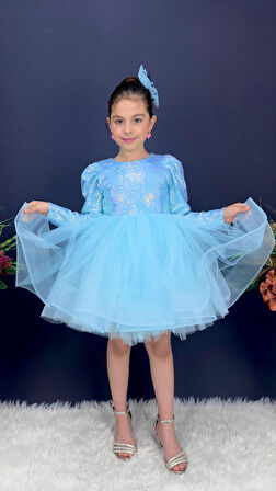 Tütü Gren Etekli Kız Çocuk Pul Payetli Uzun Kol Kikidi Elbise MNK0583