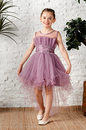 Uzun Kuyruk Tütülü Askılı Kız Filira Elbise MNK0584