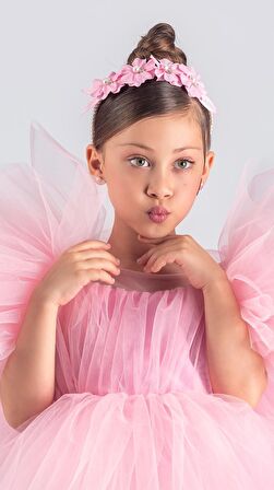 Tütü Etekli Kabarık Kollu Komotini Taçlı Kız Çocuk Abiye Elbise MNK0582