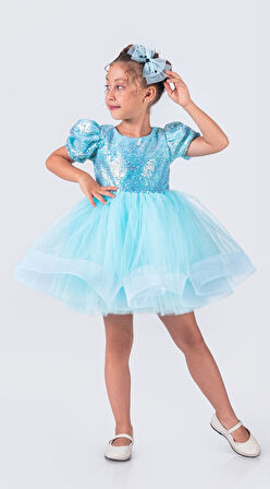 Tütü Gren Etekli Kız Çocuk Pul Payetli Kısa Kol Kikidi Elbise MNK0601