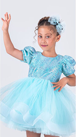 Tütü Gren Etekli Kız Çocuk Pul Payetli Kısa Kol Kikidi Elbise MNK0601