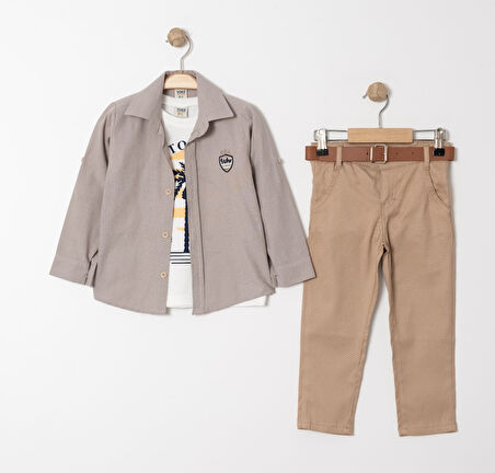 Palmiye Baskılı Tişört , Gömlek Ve Pantolon Takım MNK4136