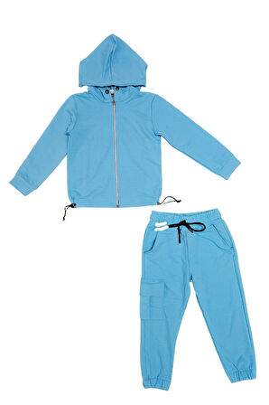 Kapşonlu Fermuarlı Beli Lastik Detaylı Kız Çocuk Günlük Eşofman Takımı 2 İplik MNK0664