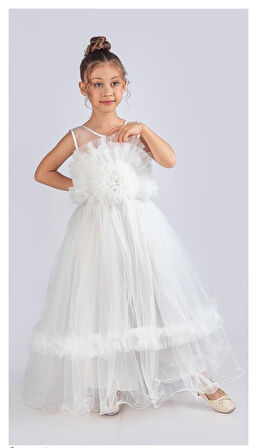 Uzun Etekli , Askılı Kız Cocuk Gül Motif Abiye Elbise M00670