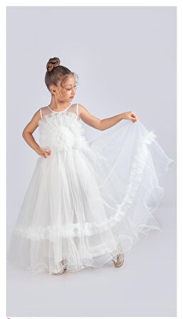 Uzun Etekli , Askılı Kız Cocuk Gül Motif Abiye Elbise M00670