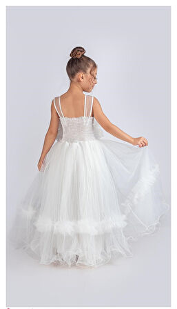 Uzun Etekli , Askılı Kız Cocuk Gül Motif Abiye Elbise M00670