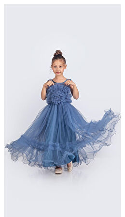 Uzun Etekli , Askılı Kız Cocuk Gül Motif Abiye Elbise M00670