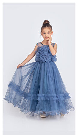 Uzun Etekli , Askılı Kız Cocuk Gül Motif Abiye Elbise M00670