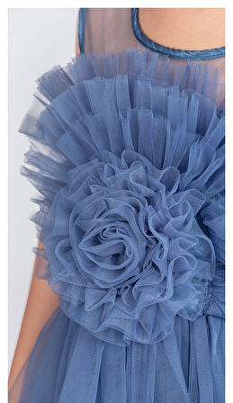 Uzun Etekli , Askılı Kız Cocuk Gül Motif Abiye Elbise M00670