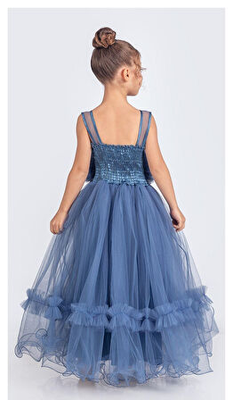 Uzun Etekli , Askılı Kız Cocuk Gül Motif Abiye Elbise M00670