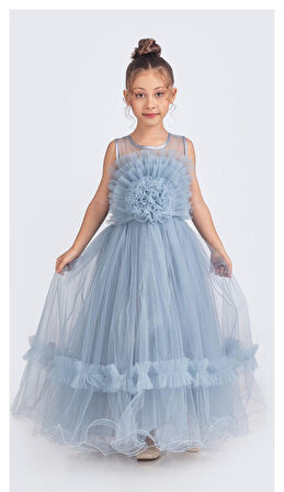 Uzun Etekli , Askılı Kız Cocuk Gül Motif Abiye Elbise M00670